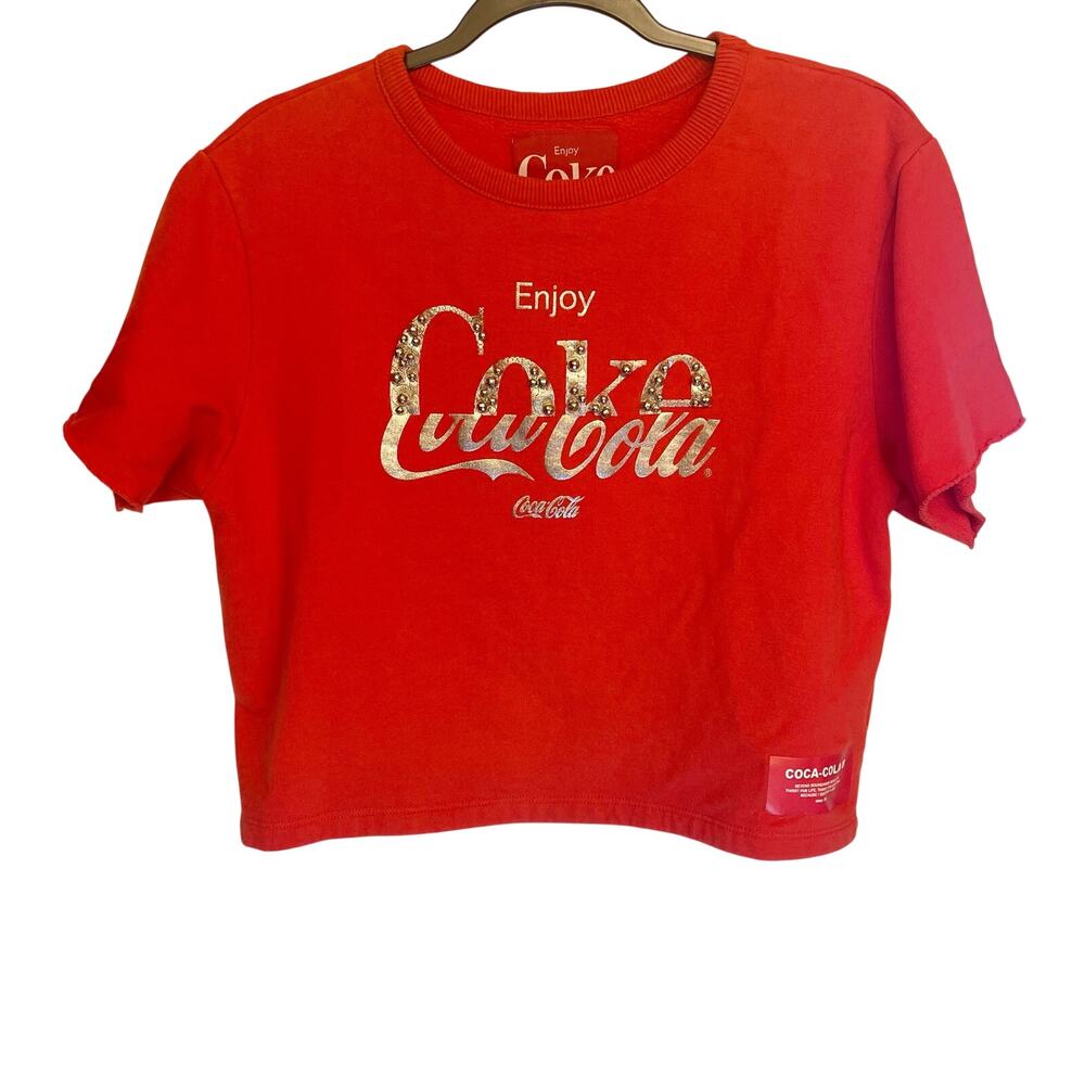 Y2K Vintage Coca Cola branded Red Embellished Cropped Short Sleeve Sweatshirt  S